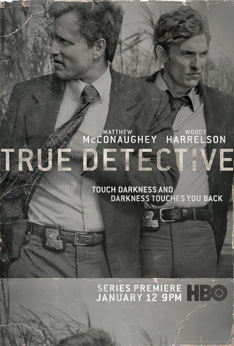 mid adult, nostalgia, poster, togetherness, detective, mature adult, men, Matthew McConaughey, Woody Harrelson, text, adult, mid adult men, mature men