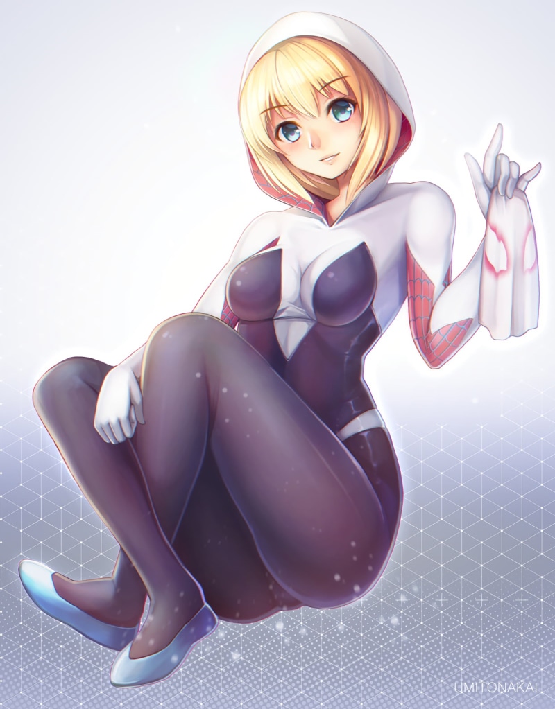 blond hair, one person, Spider Gwen, hair, fashion model, character, short hair, anime girls, portrait, anime, glamour, aqua eyes, overwatch, 1080P, Spider-Gwen