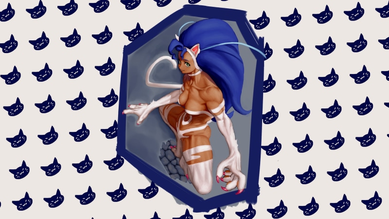 2K, cat girl, Capcom, video game characters, tail, blue hair, Darkstalkers, Marvel vs. Capcom 3, plain background, Felicia