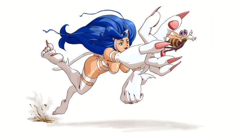 plain background, tail, Capcom, cat girl, Darkstalkers, 4K, Felicia, video game characters, blue hair, Marvel vs. Capcom 3