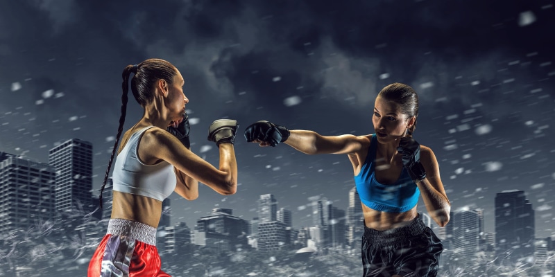 fight, Boxing, girls, shorts, rendering, background, 4K, athletes, sport, jerseys, snow, gloves, city, punch