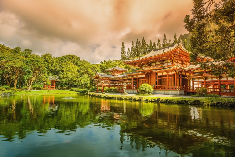 place of worship, sky, belief, nature, wooden, building exterior, waterfront, 1080P, shrine, lake, reflection, brown, Asian architecture, outdoors, water