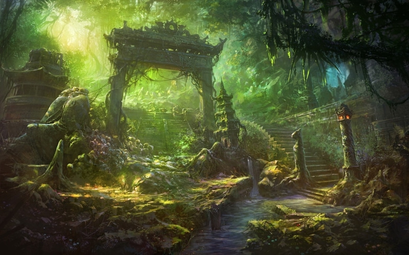 1080P, Asian architecture, artwork, jungle, fantasy art