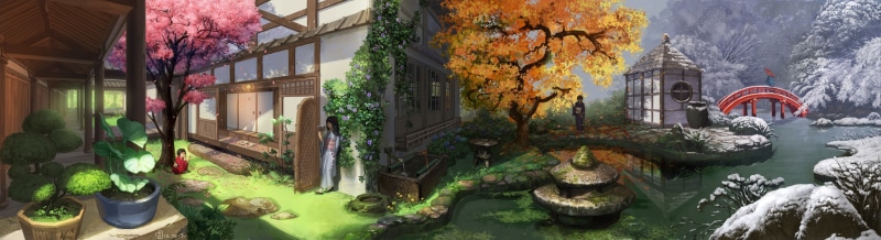 anime, seasons, anime girls, fall, winter, 2K, Asian architecture, spring, summer, artwork, cherry blossom, snow