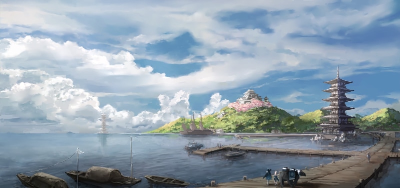 place of worship, Asian architecture, body, ports, painting, nautical vessel, architecture, belief, no people, anime, religion, outdoors, water, spire