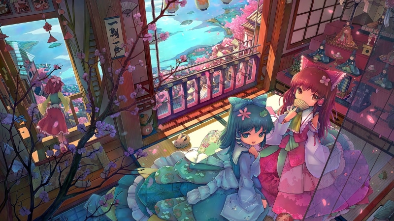 short hair, building, pink hair, real people, long hair, outdoors, retail, nature, anime, cherry blossom, window, plant, flower, Asian architecture, leisure activity