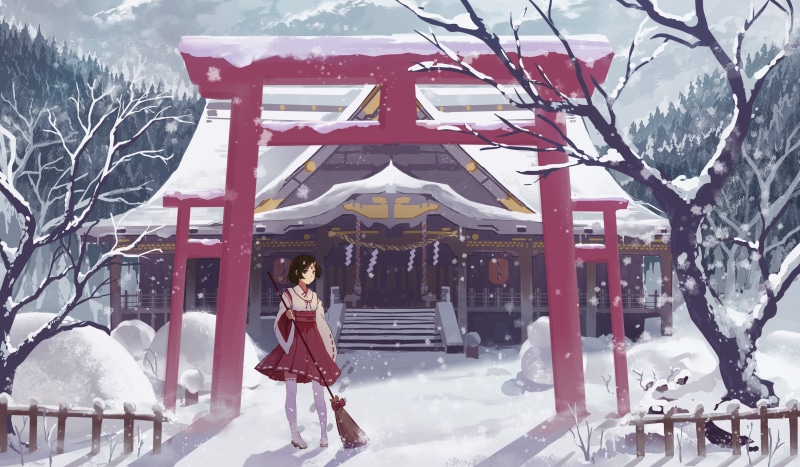 miko, lifestyles, 2K, real people, snow, trees, day, original characters, women, tree, adult, one person, warm clothing, bare tree, religion, mountains