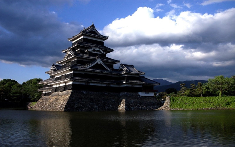 Japan, 720P, water, tree, sky, castle, day, waterfront, lake, place of worship, landscape, building exterior, history, cloud - sky, building, no people
