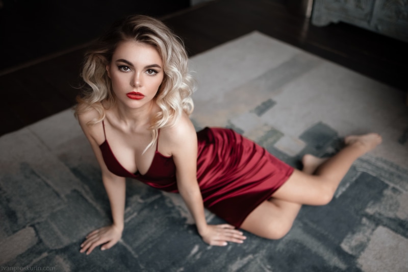 1080P, blonde, Ivan Proskurin, model, red lipstick, dress, Oktyabrina Maximova, women, legs