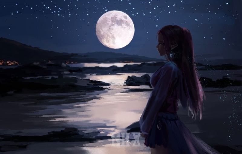 girl, the moon, night, 1080P