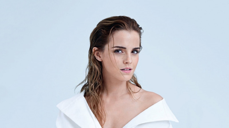front view, emma, colored background, actress, blue, young adult, beauty, portrait, long hair, simple background, brown hair, hair, headshot, watson, celebrity