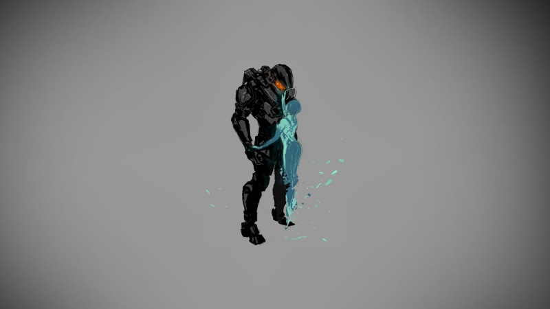 studio shot, one person, Master Chief, illustration, Halo, indoors, full length, 1080P, nature, winter, gray background, Halo 4, Cortana, robot, black color