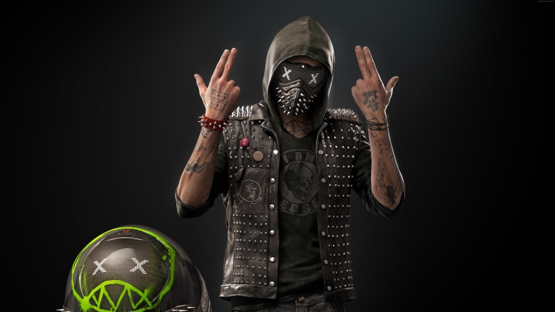 one person, standing, studio shot, men, front view, holding, indoors, obscured face, Xbox 360, unrecognizable person, PlayStation 4, Watch Dogs 2, PC, black background