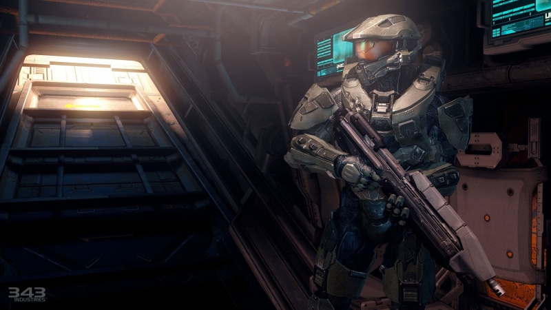 Master Chief, sculpture, transparent, building exterior, window, day, human representation, game, built structure, Halo, technology, standing, illuminated