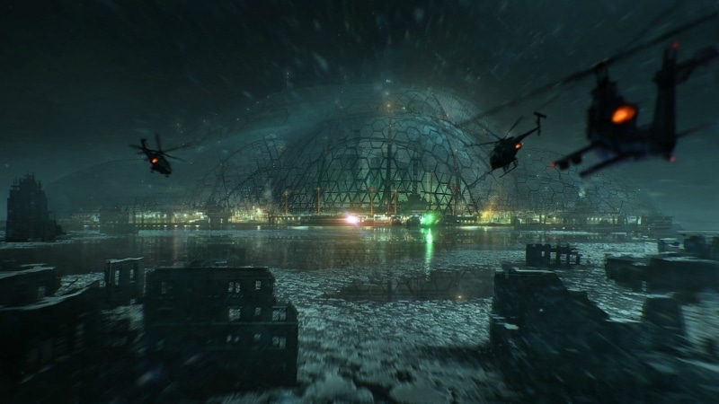 structure, 1080P, nature, mode of transportation, illuminated, flying, helicopter, outdoors, mid-air, Crysis 3, architecture, transportation