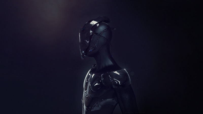 futuristic, dark, art and craft, no people, human representation, black background, female likeness, single object, still life, studio shot, science fiction
