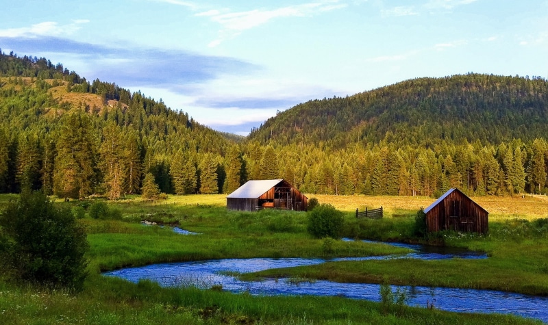 forest, grass, house, lodge, valley, trees, 2K, river, stream, mountains, sky