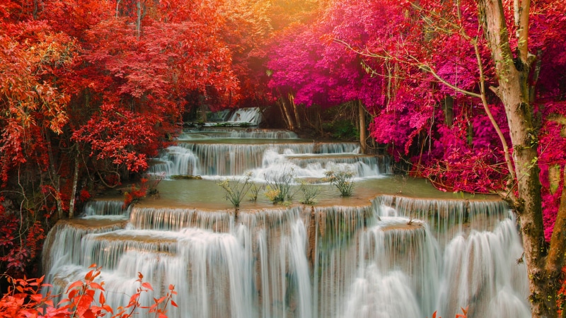 national park, autumn, si sawat, 4K, landscape, deep forest, huay mae kamin waterfall, red leaves, water, thailand, waterfall, paradise waterfall, plant