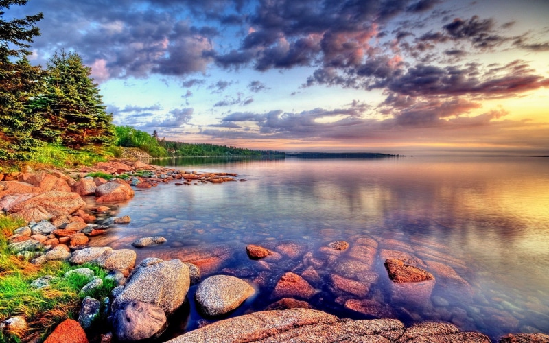 resolution, stone, high, forest, horizon, hd, 2K, lake, nature, dark, clouds, green, trees, scotland, sky, landscape