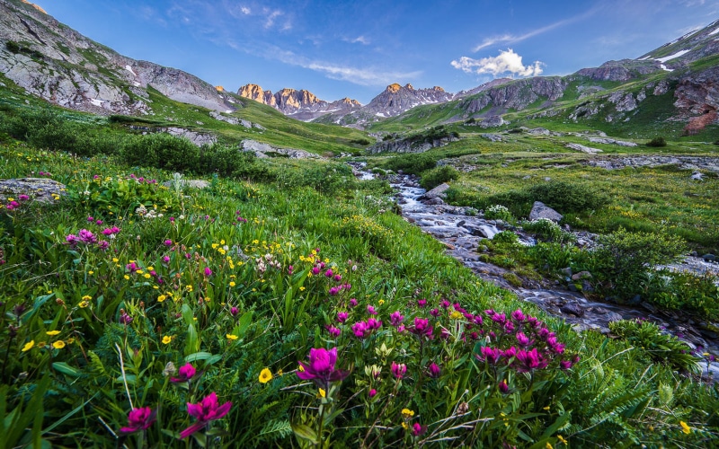 mountain, beautiful, sky, peaks, rocky, 2K, scenery, mobile, colorado, stream, pc, tablet, blue, spring, meadow, landscape, colorful, hd, flowers