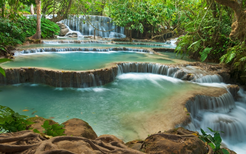 kuang, plant, long exposure, flowing water, outdoors, waterfall, hd, rock - object, flowing, beauty in nature, laos, water, forest, day, non-urban scene