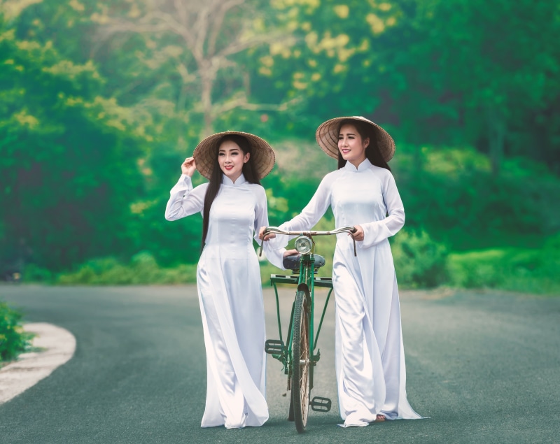 child, vietnamese, Bicycle, hats, plant, beautiful woman, Asia, portrait, conical hat, two people, visit, long, outdoors, sleeved, Happy, People, Walk