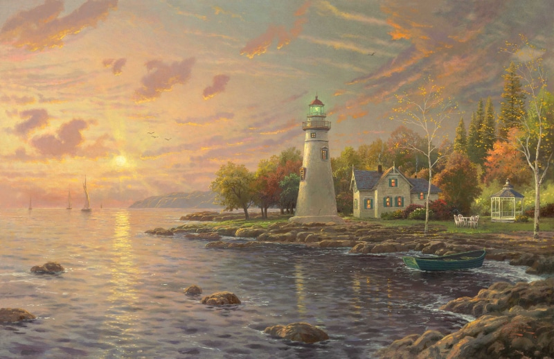 night, the evening, dusk, Canada USA, lake, outdoors, landscape, near, harbor, beacon, history, water, guidance, Thomas Kinkade, waters Edge, plant, gazebo