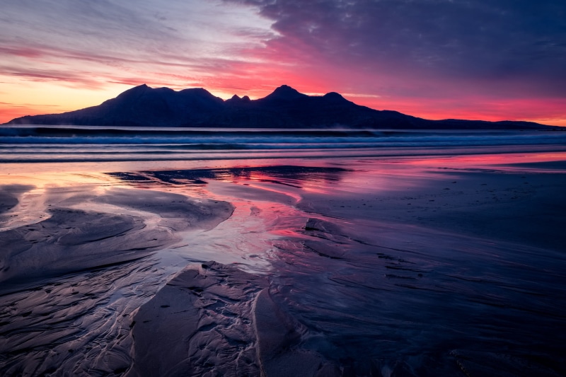 sunset, sky, sea, landscape, water, scenics, near, 1080P, painting, Deepening, beauty In Nature, body, mountain, body of water, beach, outdoors, scotland