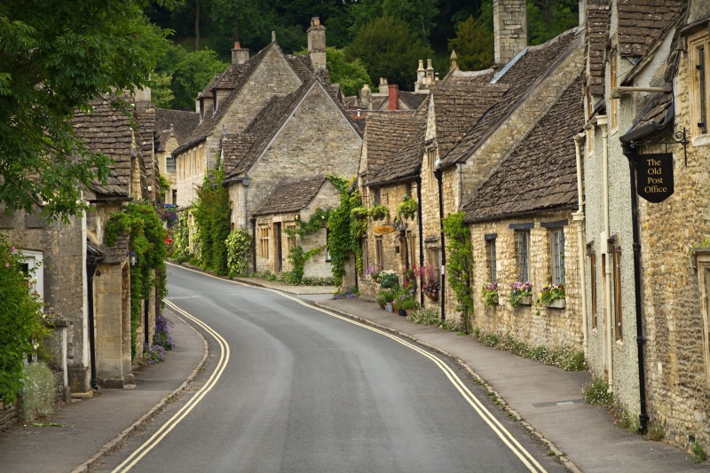 old building, village, house, trees, architecture, England, UK, Costwolds, flowers, post office, 1080P, road