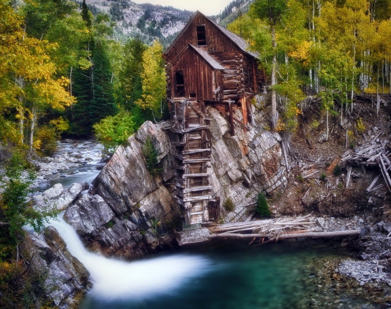 cabin, cliff, stream, mill, Compressor, wooden, mountain, Crystal Mill, waterfall, Water, brown, HDR, tree, scenic, Fall, Aspen, Old  Mill  Crystal, landscape