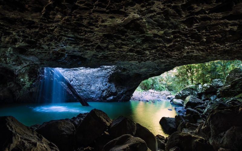 flowing water, tree, rock - object, natural arch, tranquil scene, no people, 2K, waterfall, tranquility, day, scenics - nature, river, power in nature