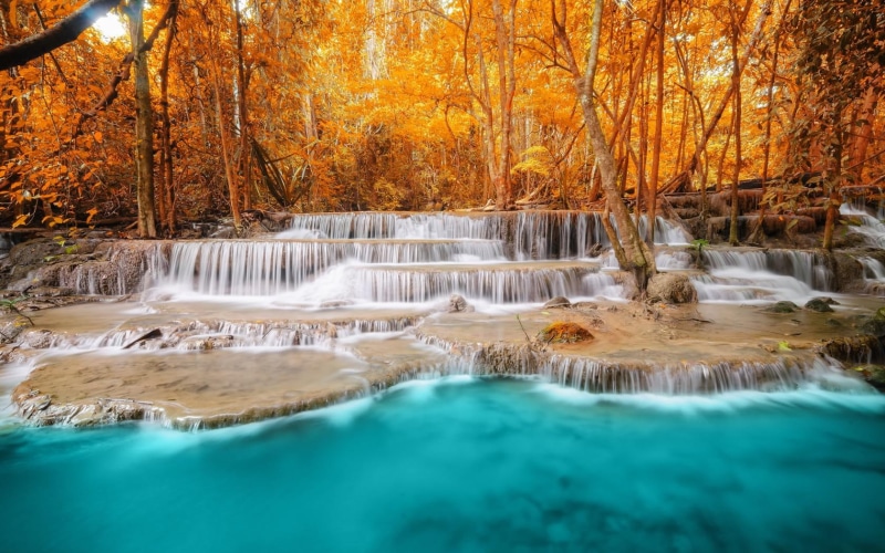 trees, scenery, waterfall, autumn, 720P, nature, forest, blue water, river