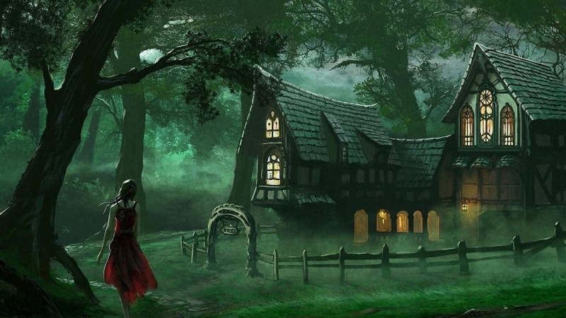 darkness, 1080P, girl, cottage, house, tree, forest