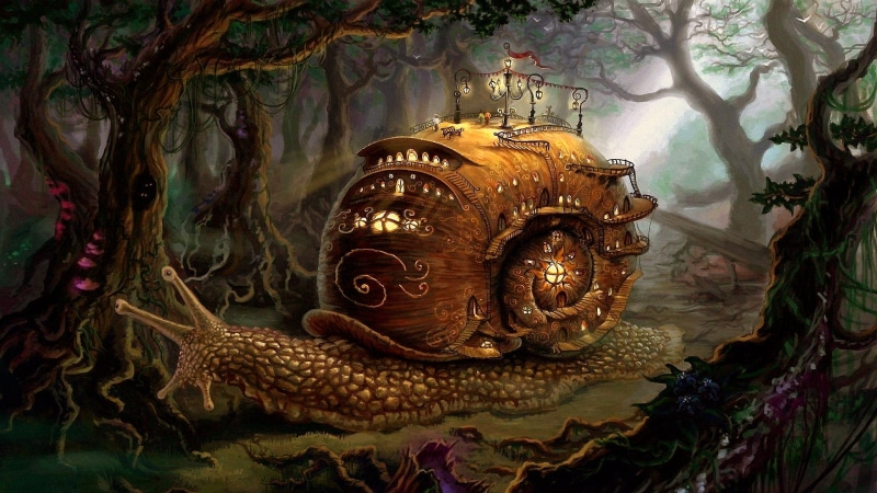 house, snail, illustration, fairytale, snail shell, tale, forest, fantasy art, home, 1080P, fairytale land