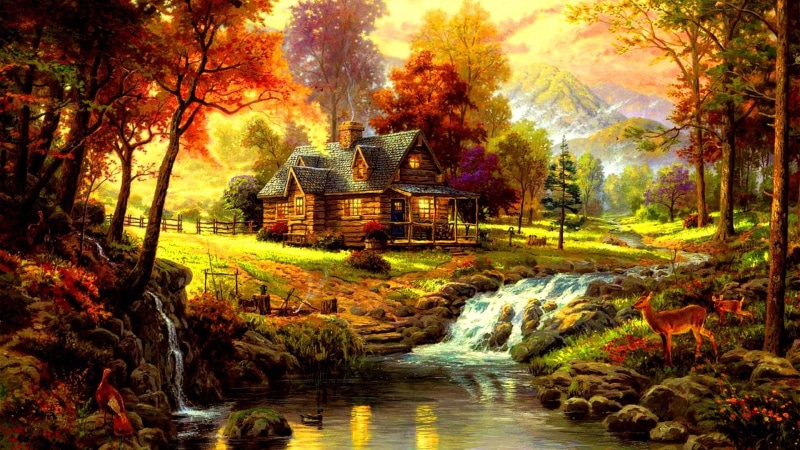 1080P, forest, river, house, landscape, animals, painting, fantasy