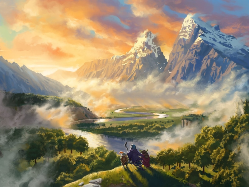 forest, 1080P, Mountains, fantasy art, illustration, trees, fantasy, sunset, creatures, digital art, fantasy landscape, sky, clouds, valley, landscape