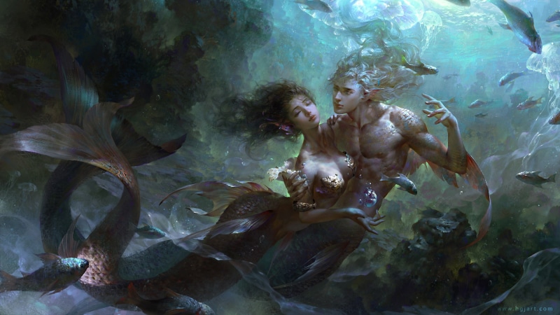 fish, fantasy, drawing, pisces, underwater, 1080P, hd, mermaid