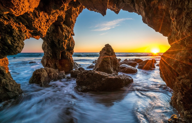 ocean, malibu, cave, brown, 8K, nature, usa, crag, sunrises, and, sunsets