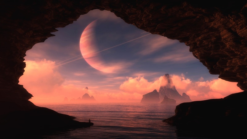 science fiction, sea, solid, beauty in nature, beach, cave, sky, water, digital art, horizon, space art, land, 1080P, idyllic, stack rock, tranquility
