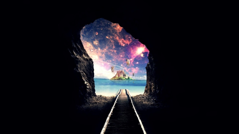 sea, fantasy, 1080P, cave, railway, galaxy