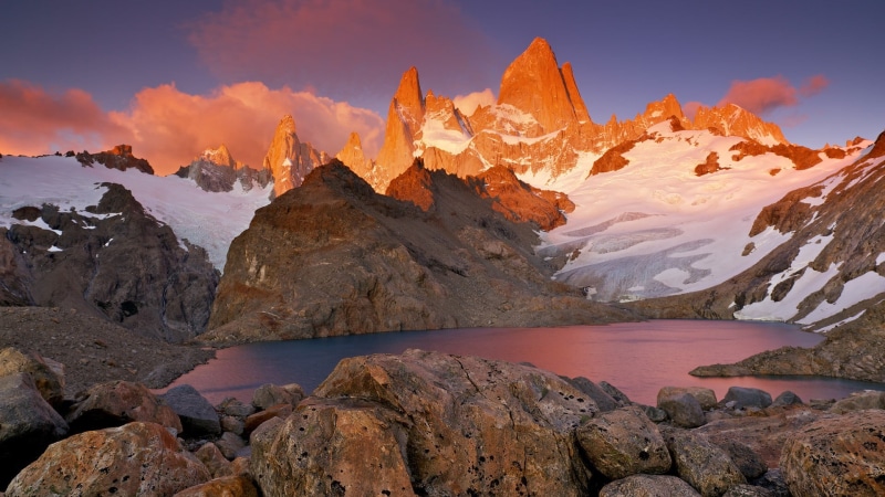 mountain range, nature, mountain peak, tranquil scene, snowcapped mountain, rock - object, no people, middle, beauty in nature, sunset, rock, 1080P, cloud - sky