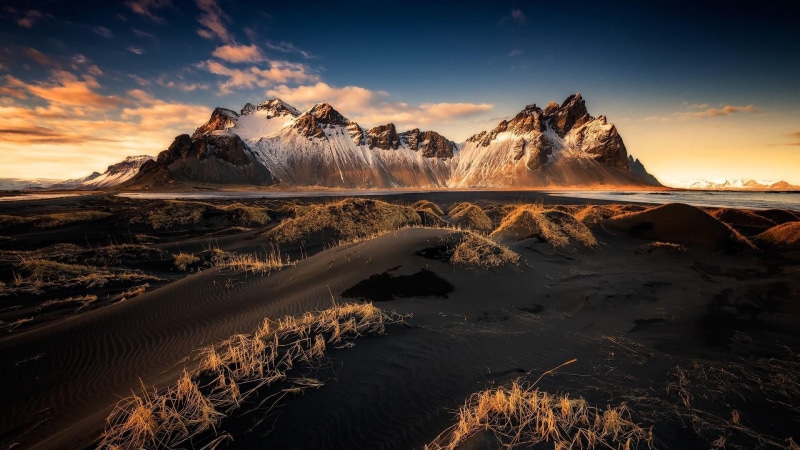 mountain, hofn, lagoon, vestrahorn, sunset, stokksnes, water, environment, outdoors, batman mountain, ice, eystrahorn, 1080P, iceland, mountain peak, tranquility