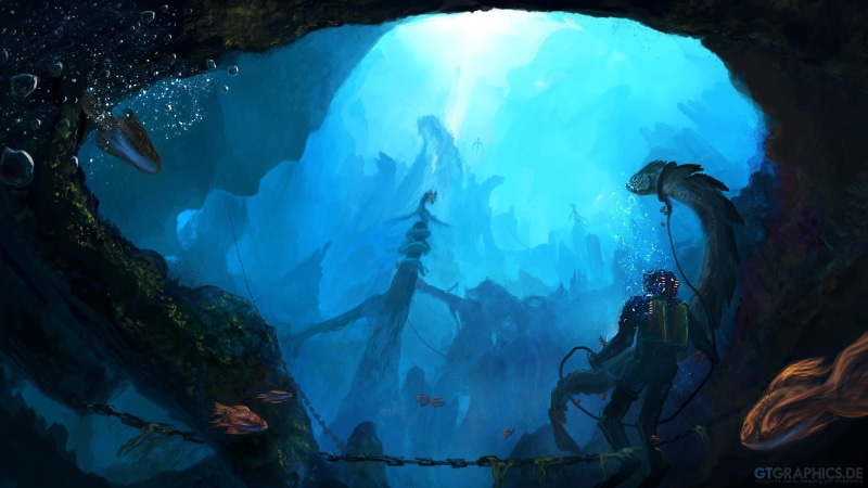 diver, blue, drawing, underwater, fantasy, hd, 1080P, ocean