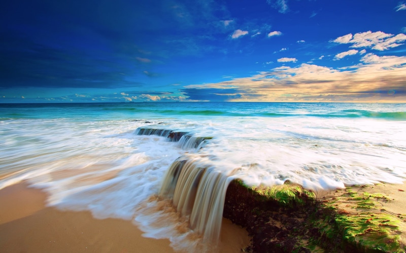 Sea, 1080P, Scenery, Waterfall, Beautiful, Sky, Beach, flow, Clouds, Water