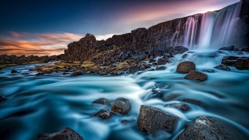 flowing, rock, idyllic, beauty in nature, solid, tranquility, tranquil scene, water, pc  nature beauty 2048x1152, rock - object, land, sunset, blurred motion