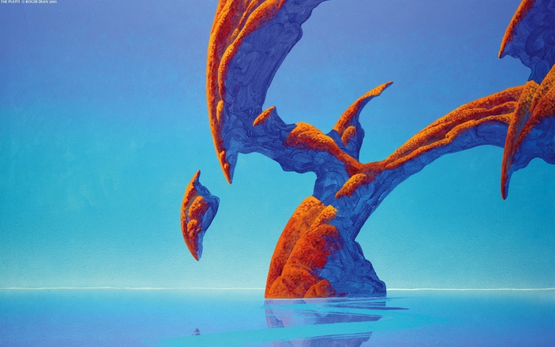 rock formation, animal, orange color, Roger Dean, sea, motion, outdoors, tranquility, turquoise colored, creativity, sea life, beauty in nature, no people
