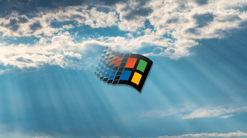 logo, Windows 95, 4K, blue, clouds, windows logo