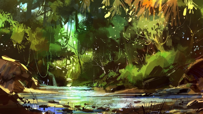 painting art, beautiful, frame, 1080P, jungle, painting, tree, creek, water, rain, vegetation, trees, river, colorful, nature, forest, leaves, watercolor