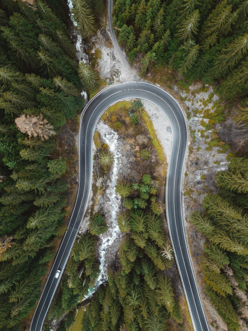 tranquility, building, curved, tree, high angle view, view, landscape, scenery, rainforest, transportation, mountain road, beauty in nature, alpe di siusi