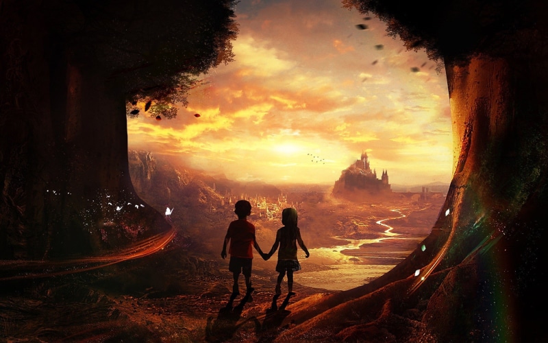 landscape, mountains, fantasy art, holding hands, castle, glowing, river, pixelated, 1080P, butterfly, digital art, far view, children, trees, rainbows